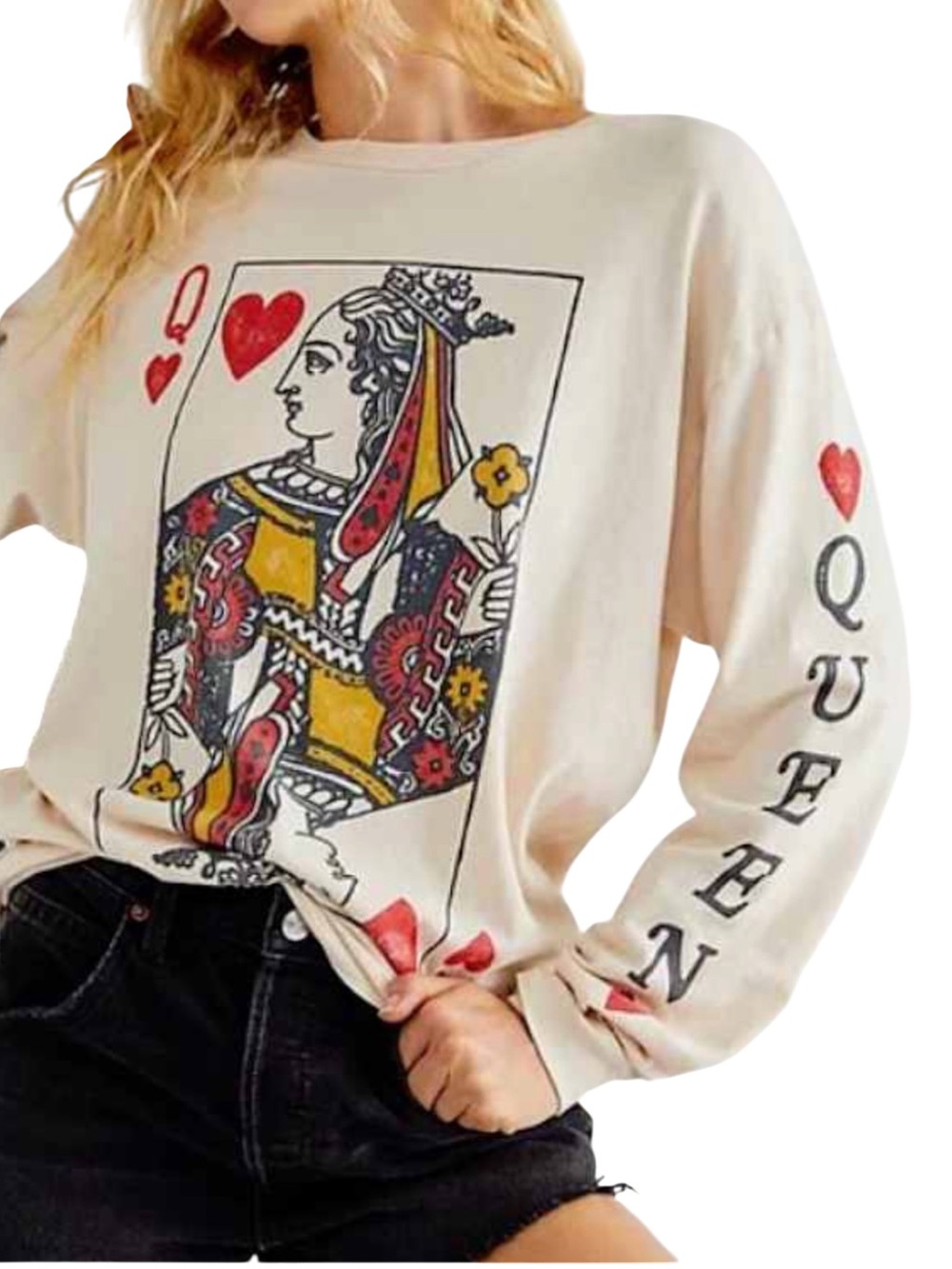Daydreamer Long Sleeve Top Playing Card Queen Graphic Flaw Pinhole